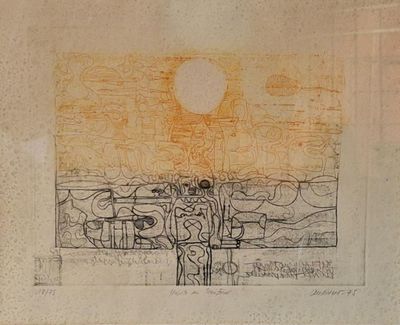un dessin représentant un homme debout face au soleil