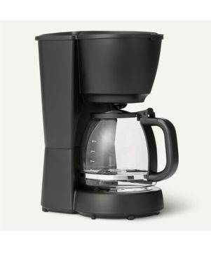 a black coffee maker sitting on top of a white counter