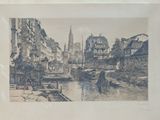 a picture of a drawing of a city by the water