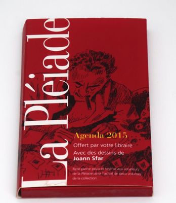 the front cover of a red book with a drawing of a man reading a book