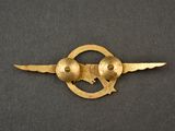 a close up of a gold pin with a bird on it