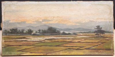 une peinture à l'huile représentant un paysage avec un champ et des montagnes en arrière-plan