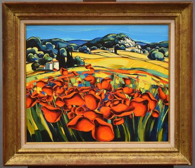 une peinture à l'huile représentant un champ de fleurs rouges avec des collines en arrière-plan