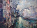 un tableau représentant une rivière qui traverse une ville