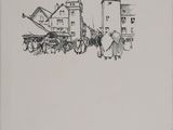 une image représentant un dessin d'une calèche devant une maison