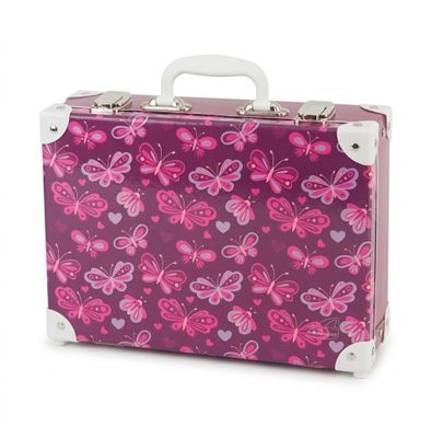 valise violette ornée de papillons roses et de cœurs sur fond blanc