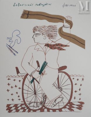 dessin représentant une femme à vélo avec un oiseau sur le dos