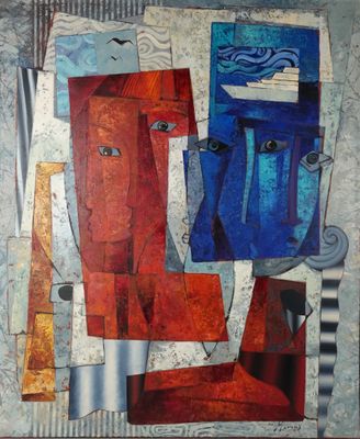 peinture abstraite représentant un homme et une femme en rouge et bleu