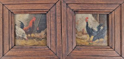deux tableaux représentant des poulets dans une grange, avec du foin par terre