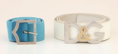 pair of blue and white belts with silver buckles on white background