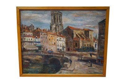 une image d'une peinture d'une ville au bord de l'eau