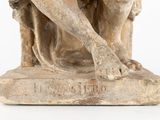 statue of a woman holding a dog on a pedestal with a white background