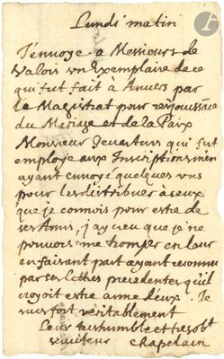 Jean CHAPELAIN (1595-1674). L.A.S., Lundi matin [juin 1660 ?…