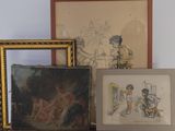 three framed pictures on a shelf next to a painting
