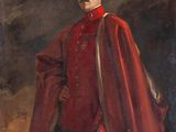 portrait of a man in a red coat with a sword and shield