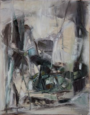 an oil painting of a painting of a boat in a body of water