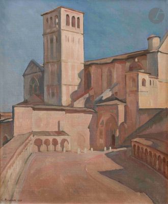 a painting of a building with a clock tower in the background