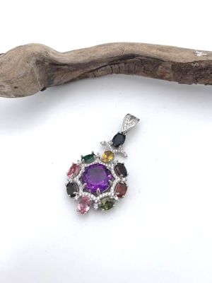 Pendentif en argent serti d'améthyste, grenat, citrine et au…