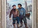 painting of two men walking down a cobblestone street with a boat in the background