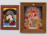 two paintings of the virgin mary and jesus hanging on a wall