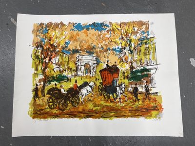 un dessin représentant une calèche tirée par des chevaux dans la rue