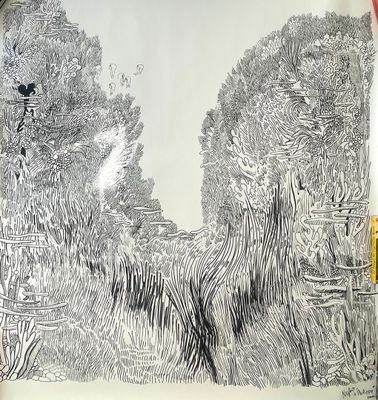 un dessin représentant un cheval dans un champ, avec des arbres en arrière-plan