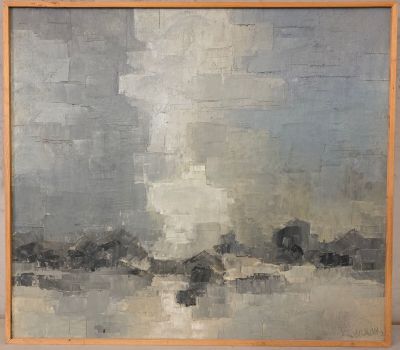 une image représentant un tableau représentant un paysage, dans un cadre en bois