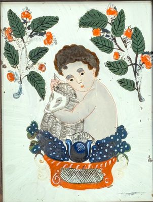 a painting of a baby holding a cat in a basket