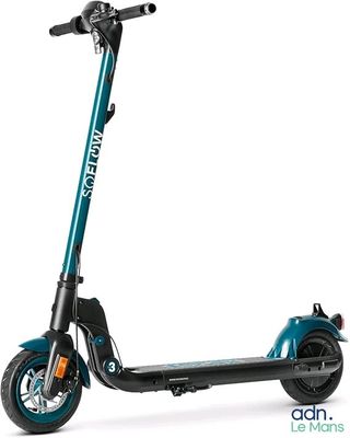 an electric scooter with a blue seat and black wheels