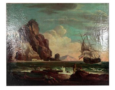 un tableau représentant deux bateaux sur l'eau, près d'un rivage rocheux