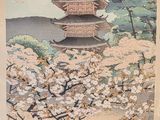 an image of a painting of a pagoda in the middle of a field
