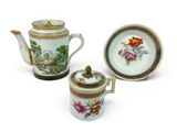 three different types of teapots and saucers on a white surface