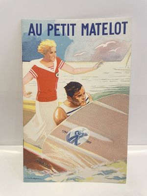 french vintage travel poster of a woman and a man in a boat