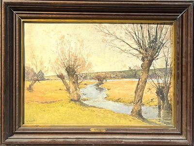 une peinture à l'huile représentant un ruisseau traversant un champ bordé d'arbres