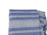 the blue and white striped towel is folded up on a white background