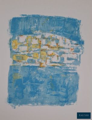 une peinture abstraite composée de carrés bleus et jaunes sur fond blanc