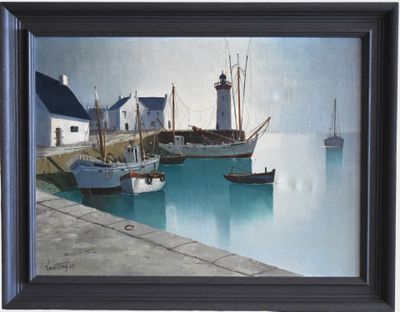 a painting of a harbor scene with boats in the water