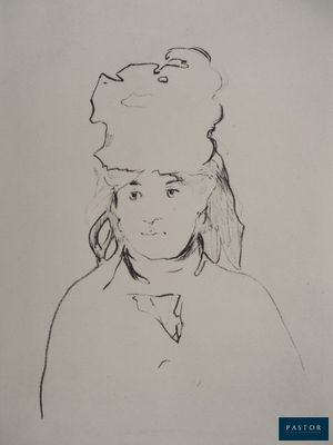 dessin représentant une femme portant un chapeau sur la tête et un chat sur la tête
