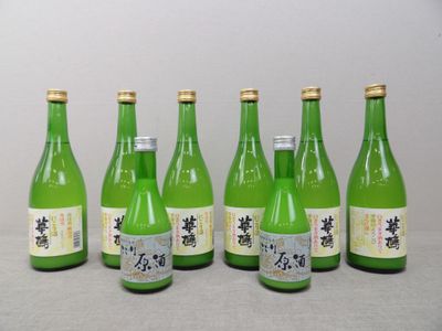 six bouteilles de vin vert alignées sur une table
