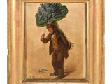 painting of a man carrying a blue umbrella on his head