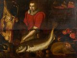 une image représentant un tableau où l'on voit un homme tenant un poisson devant un groupe d'animaux
