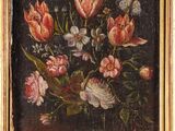 painting of flowers in a glass vase on a table