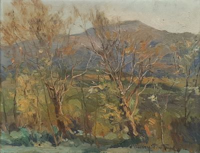 painting of a landscape with trees and mountains in the background