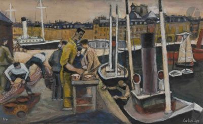 tableau représentant un groupe d'hommes travaillant sur un bateau dans un port