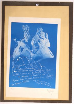 a picture of a blue and white picture of two people