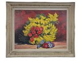 une peinture à l'huile représentant des fleurs dans un vase sur une table