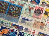 a lot of stamps that are on a table