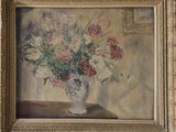 a painting of flowers in a vase on a table