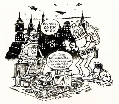 dessin humoristique représentant un homme et un robot tenant une pancarte devant une ville