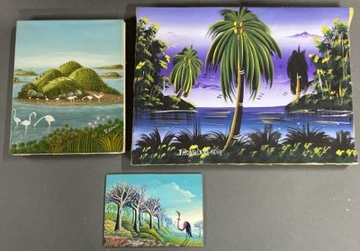 three paintings of birds and palm trees on a table